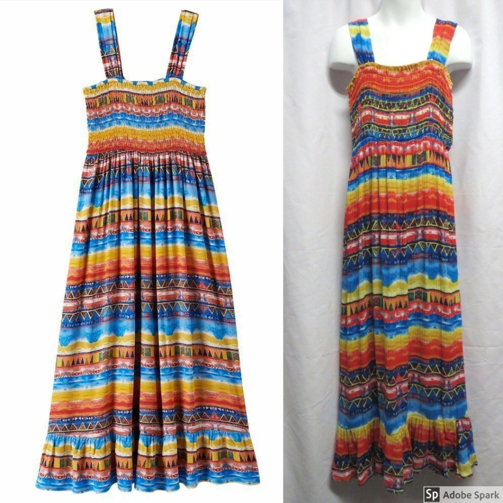 Lily Rose Girls Tribal Smocked Peasant Maxi Dress Sleeveless Gauze Sundress NWT